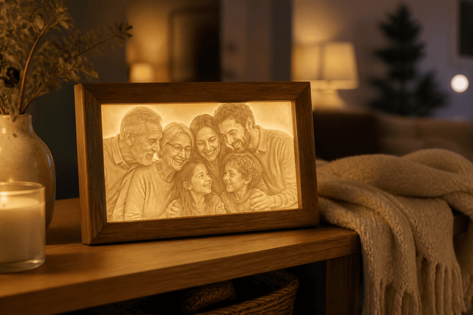 Illuminated baby lithophane on a nursery shelf