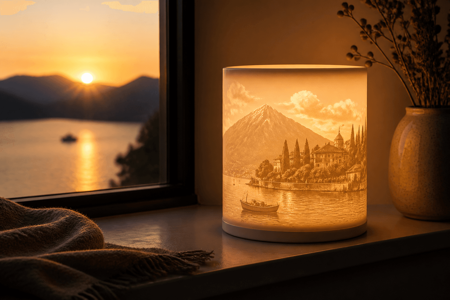 Lithophane lamp glowing with a dusk travel moment