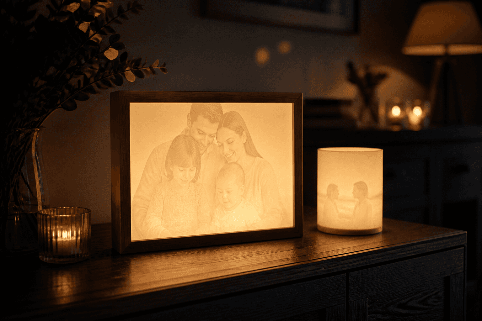Lithophane frame displayed in a dim, candlelit interior