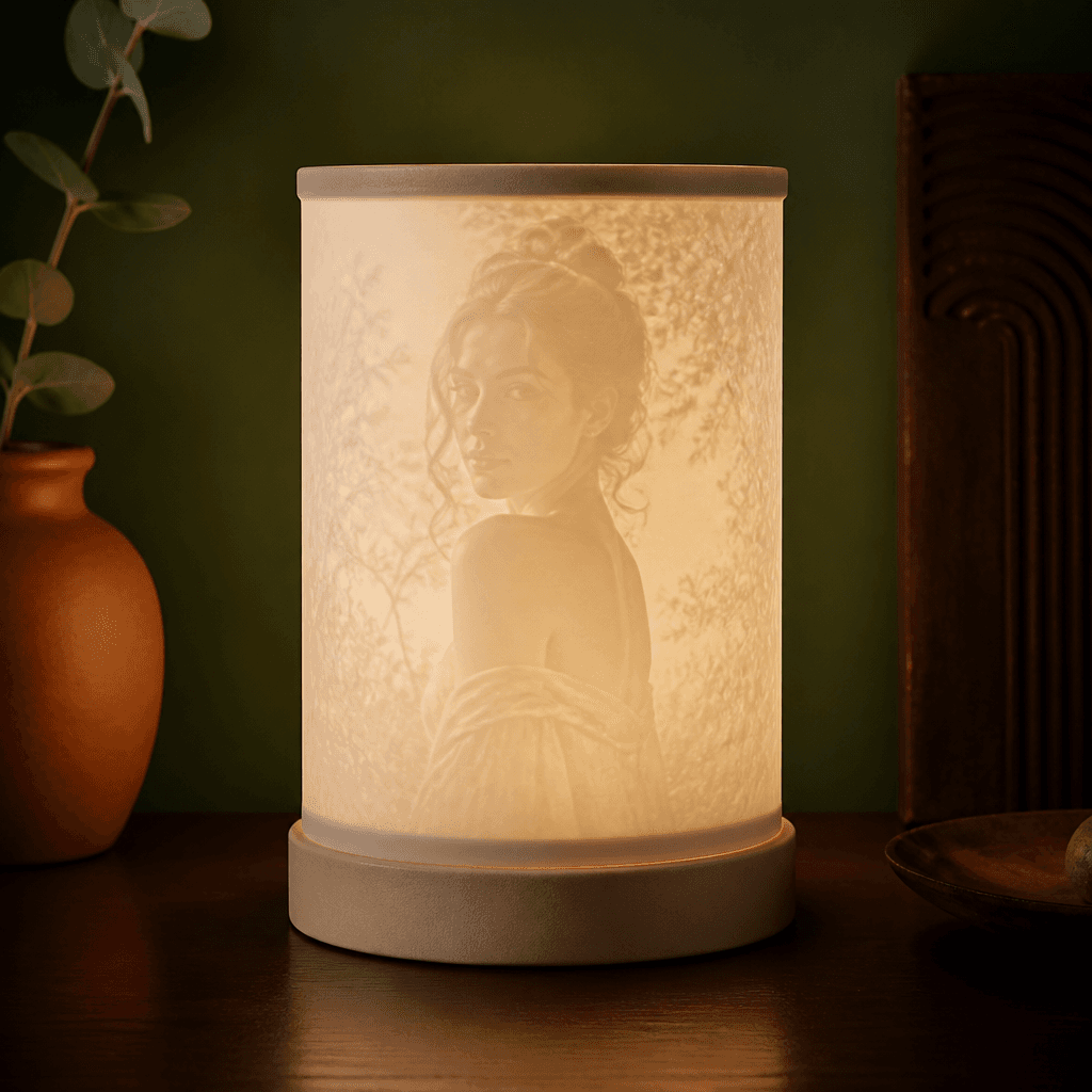 Cylindrical lithophane lamp glowing from within
