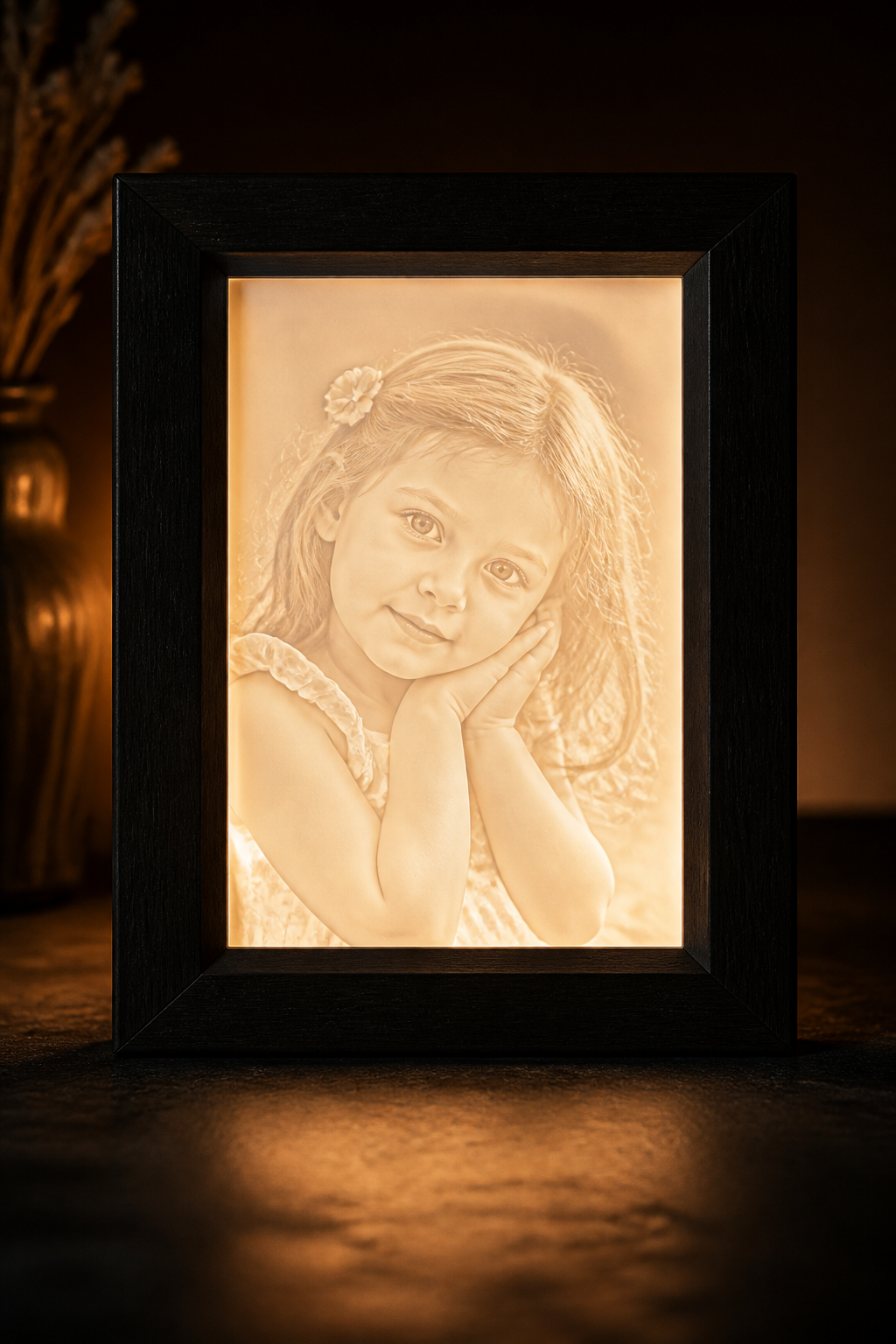 Illuminated lithophane frame glowing with a warm portrait